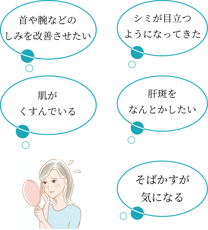 首や腕などのしみを改善させたい。シミが目立つようになってきた。肌がくすんでいる。肝斑をなんとかしたい。そばかすが気になる。